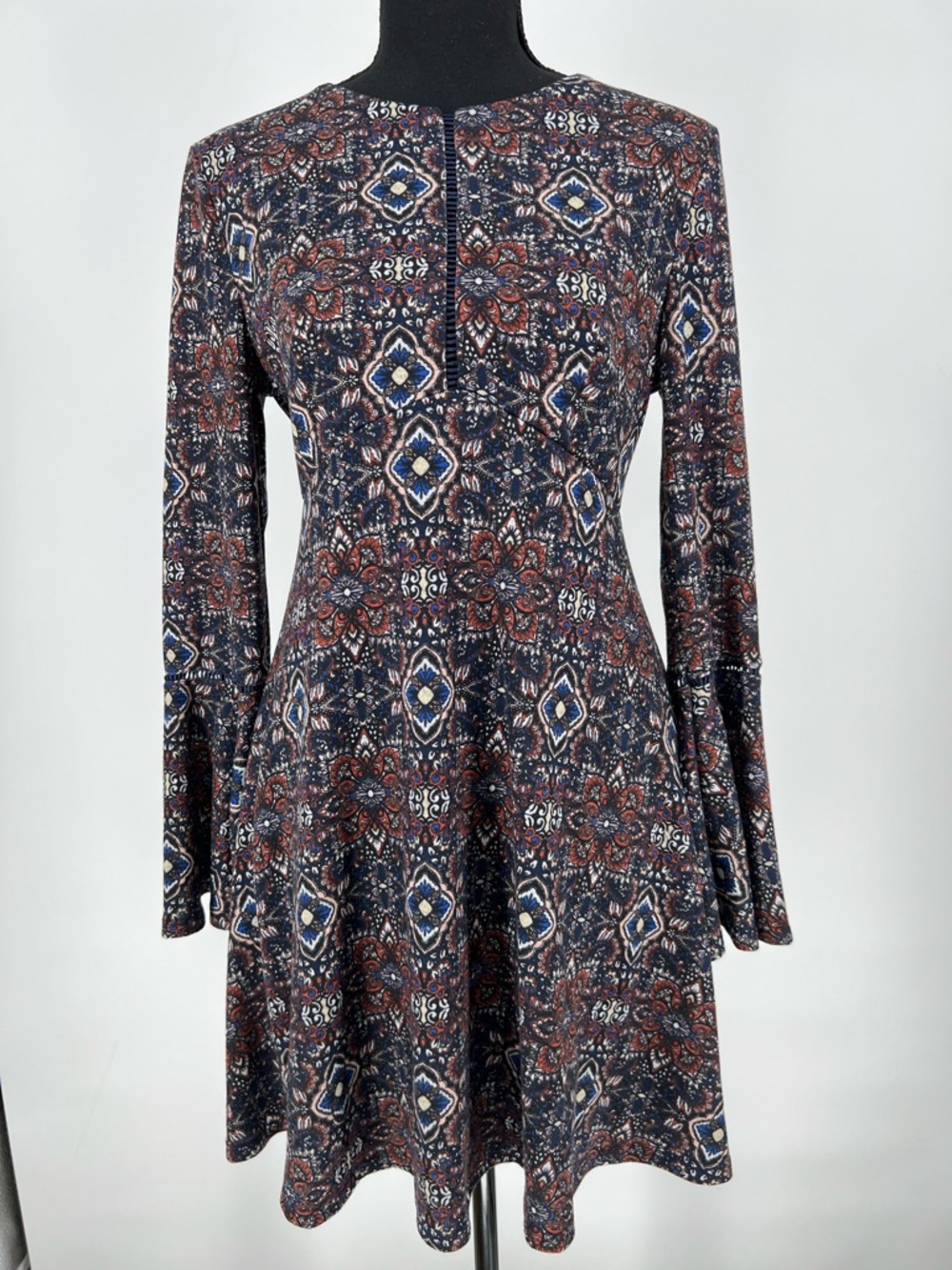 Alya Navy and Rust Floral Long-Sleeve Fit & Flare Dress
